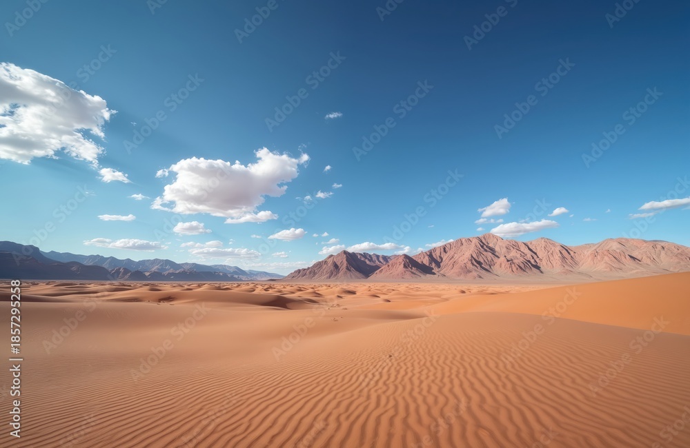Naklejka premium Vast desert landscape features orange sand dunes with wind ripples under bright blue sky with scattered clouds. Jagged mountains rise in distance across dry arid terrain. Wide open uninhabited