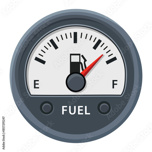 Circular car fuel gauge icon with red needle indicating petrol level between E and F markers for automotive dashboard and transportation graphics