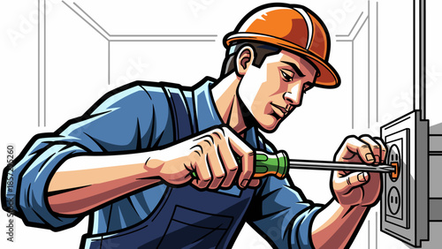Electrician Installing Electrical Outlet with Screwdriver.