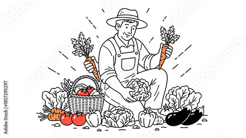 Farmer Sitting with Harvest Vegetables Basket.