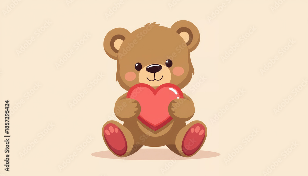 Fototapeta premium Cute brown teddy bear holding red heart sitting on neutral background joyful