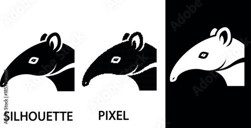 Minimalist tapir head icon in black silhouette,pixel and vector style