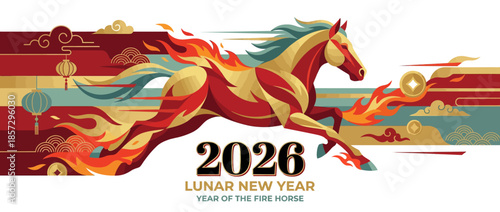 Dynamic 2D animation of Lunar New Year celebration featuring a fiery horse in Vector Style and Corporate style, symbolizing the Year of the Fire Horse in a Flat Design