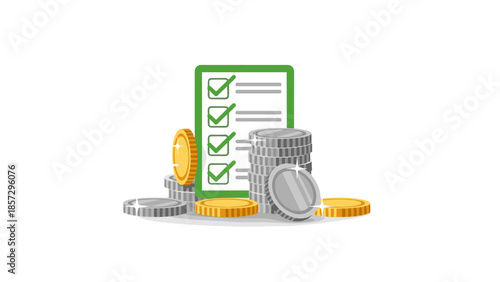 Stacks of Coins with Checklist and Clock.