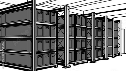 Warehouse Storage Shelves with Metal Frames.