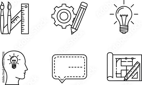 Six outline vector icons representing concepts of innovation, development, and communication tools isolated on white background