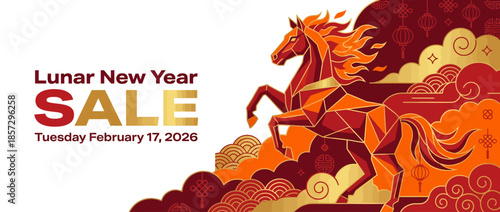 Vibrant Lunar New Year Sale Celebration with Majestic Horse on February 17, 2026, signifying the Year of the Fire Horse