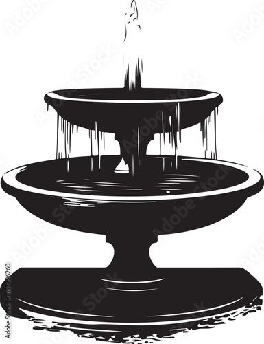 Three-Tiered Garden Fountain with Cascading Water Monochrome Artistic Illustration