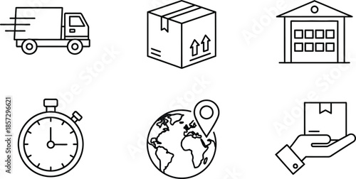 Six vector logistics delivery icons set featuring shipping truck package warehouse stopwatch globe hand isolated on white background