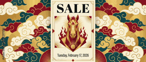 Vibrant Lunar New Year Sale greeting poster with fiery horse illustration on ornate background celebrating Year of the Fire Horse 2026