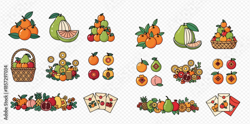 Chinese New Year fruit and playing cards vector illustration set.