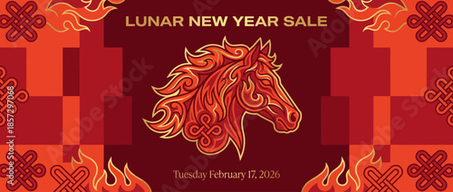 Celebrating Lunar New Year Sale with the Year of the Fire Horse in a vibrant red and orange festive poster