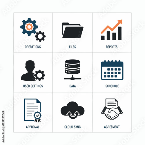 Set of nine business and technology related icons for operations files reports user settings data schedule approval cloud sync and agreement.
