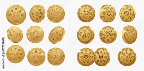 Set of golden ancient coins with zodiac signs and astrological symbols.
