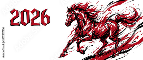 Dynamic Vector Style Illustration of a Red Horse in Motion with 2D Animation Elements for the Year 2026