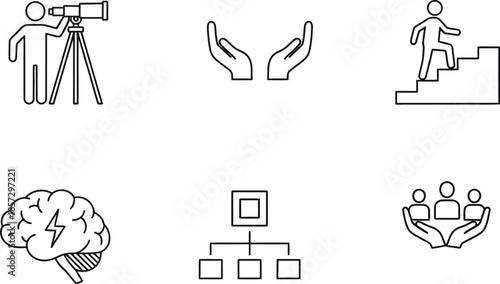 Business strategy vector line icon set for growth innovation and teamwork solutions isolated on white background