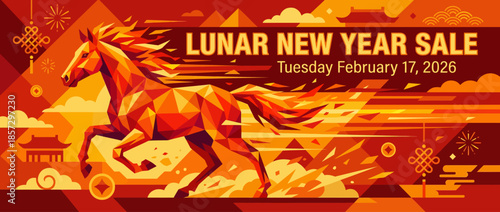Celebrating Lunar New Year 2026, Year of the Fire Horse, with vibrant sale greetings