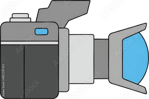 Modern Grey Camera Illustration with Blue Lens. Simple Flat Design Vector Art for Photography, Videography, and Media Concepts.