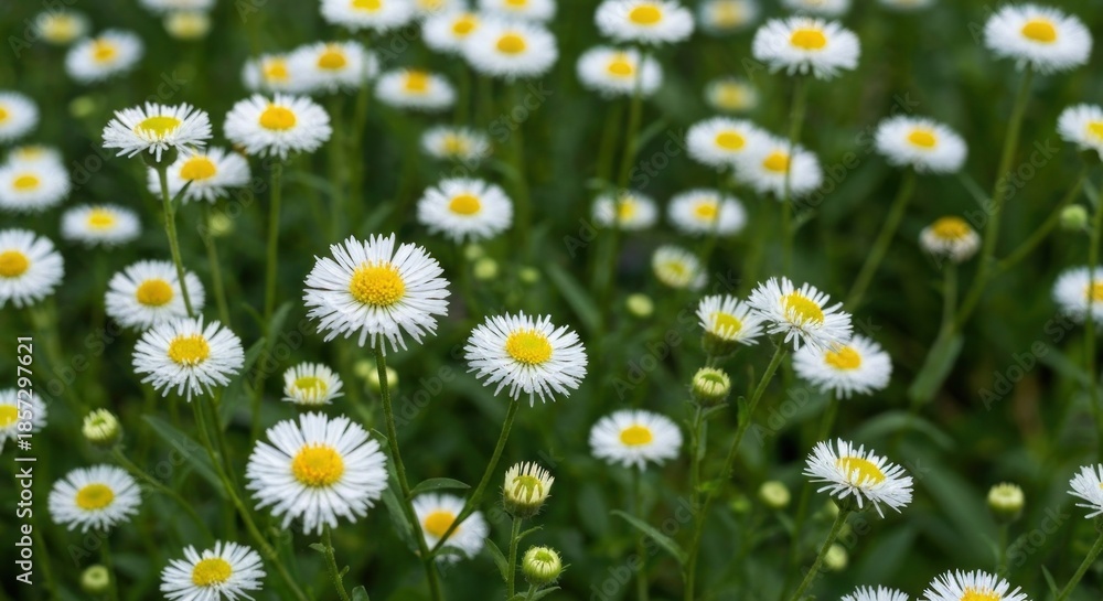 Fototapeta premium Many small white daisies in a green field