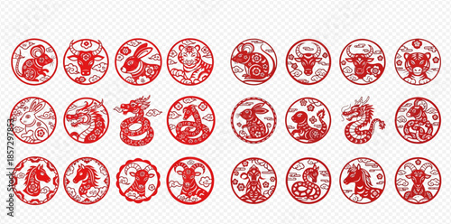Chinese Zodiac Animals Paper Cut Style Collection on Transparent Background.