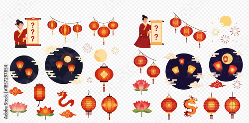 Collection of traditional Chinese Mid-Autumn Festival elements, including lanterns, dragons, and people in traditional attire, perfect for cultural celebrations.