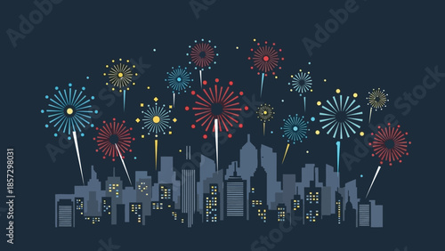 Night City Skyline Celebration with Colorful Fireworks Display