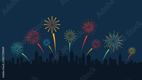 Night City Skyline Celebration with Colorful Fireworks Display