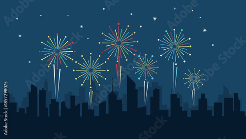 Night City Skyline Celebration with Colorful Fireworks Display