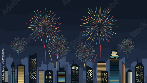 Night City Skyline Celebration with Colorful Fireworks Display