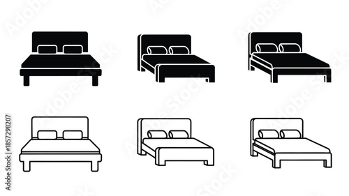 Minimalist bed icons different perspectives and styles in a black and white design