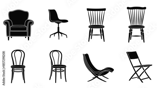 A collection of various chair silhouettes in black and white illustrations
