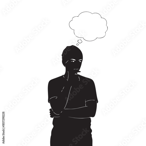 Man thinking with thought bubble above head silhouette black flat art vector illustration isolated on white background contemplation problem solving decision making