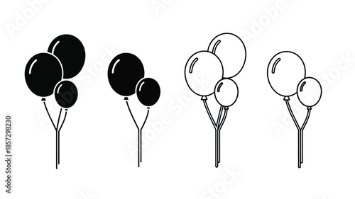 Simple black and white illustration of various balloon arrangements and styles