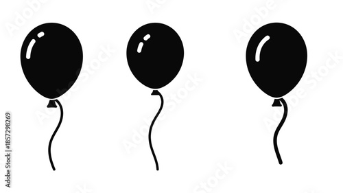 Three black balloons with strings a simple graphic illustration