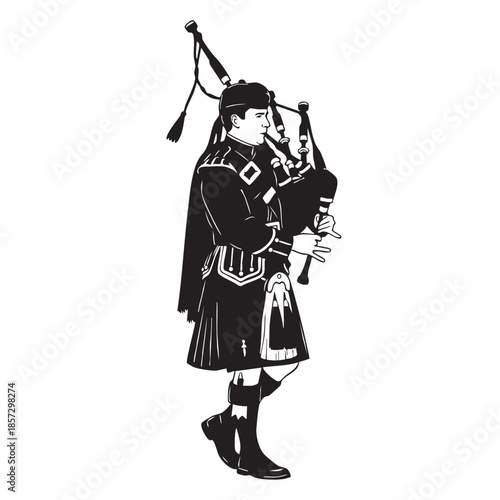 Silhouette illustration of a bagpiper in traditional Scottish kilt attire, playing bagpipes, a standing figure with musical instrument, black and white outline vector