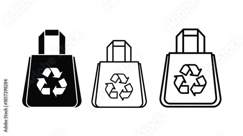 Three eco friendly reusable shopping bags with recycle symbols depicted in black and white