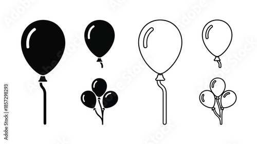 Black and white illustration of various balloon shapes and arrangements