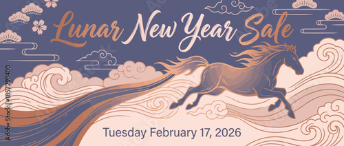 Celebrating Lunar New Year Sale on Tuesday February 17, 2026 with a majestic horse graphic in a vibrant oriental landscape