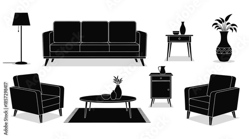 Minimalist living room furniture set in black and white silhouette style