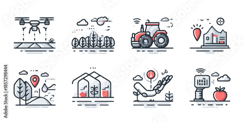 Collection of flat design icons representing modern farming, technology, and smart home concepts.