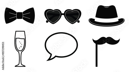Stylish accessories collection bow tie sunglasses hat champagne and more