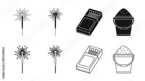 Simple black and white illustrations of fireworks matches and sand buckets