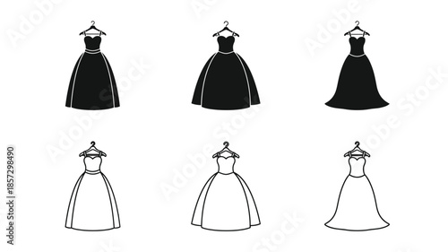A collection of elegant evening gowns and formal dresses displayed on hangers