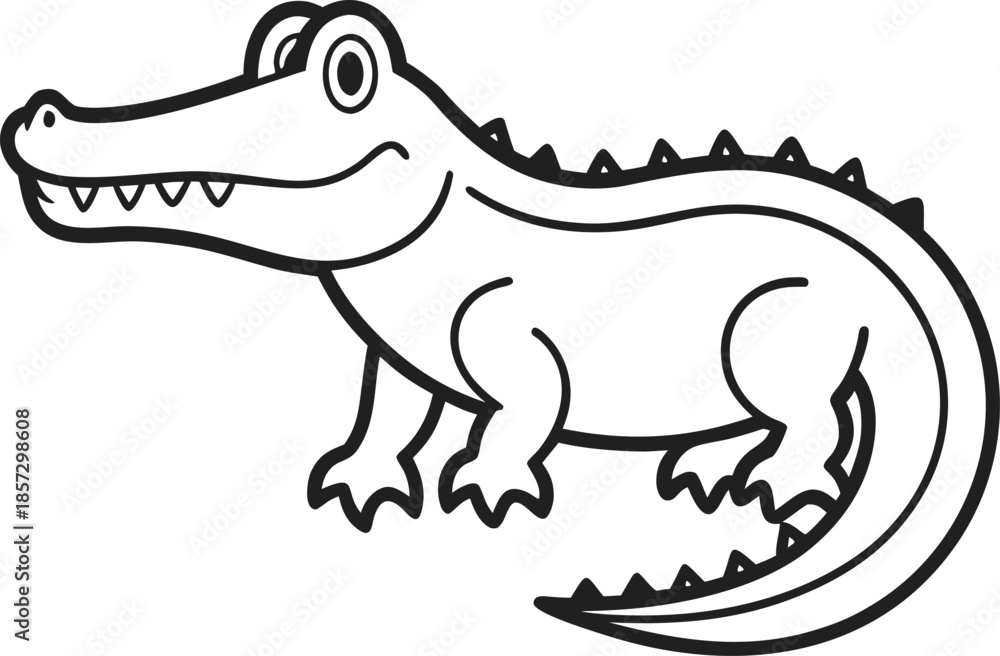 Obraz premium Friendly cartoon crocodile line drawing, black and white reptile sketch, children coloring page, cute animal illustration, cad drawing flat vector illustration
