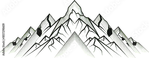 Stylized Mountain Range Illustration with Jagged Peaks and Hatch Shading. Abstract Graphic Design for Nature, Adventure, and Outdoor Themes, Minimalist Art.