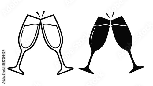 A pair of champagne glasses in outline and silhouette styles celebrating joy