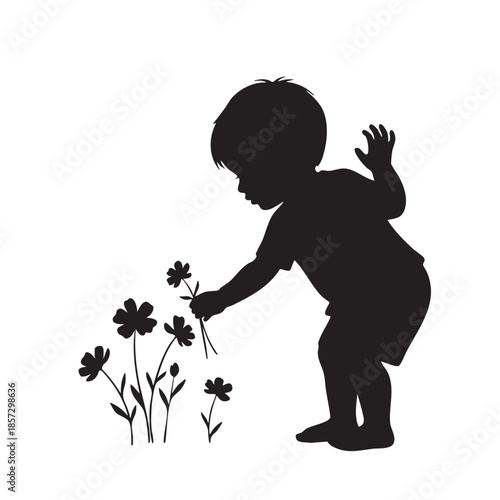 Baby picking flowers isolated silhouette. Child gathering blossoms from ground. Toddler interacting with nature. Infant exploring plants and outdoor environment. Youngster enjoying flora.