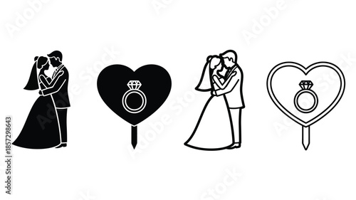 Wedding symbols couples embracing hearts and engagement rings in black and white