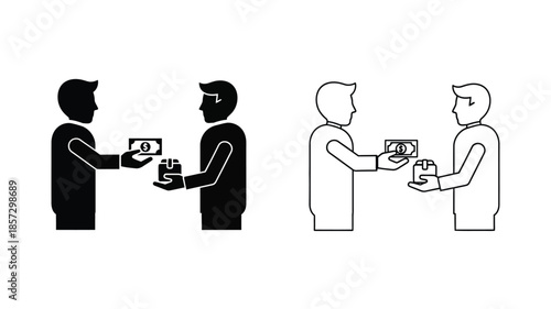 Two pairs of silhouetted figures exchanging items depicted in contrasting styles