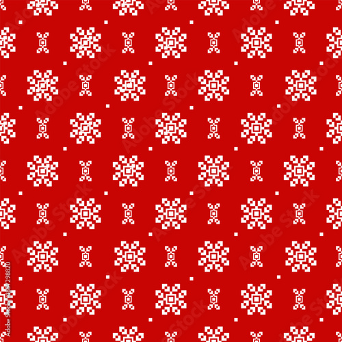 A red and white scattered pixel motif pattern with open spacing. An abstract background surface suitable for flexible visual and decorative use.
